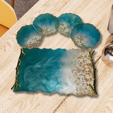 Resin Tray and Coaster Set in Sea Blue and Gold Flakes With Set of 4 Geode Agate Coasters